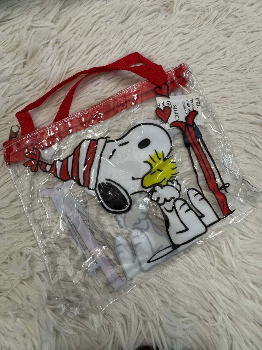 Snoopy clear pouch bag zipper with red & white striped hat and Woodstock